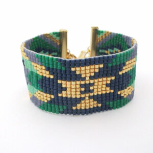 bracelet manchette tissage perles Miyuki vert bleu doré violet apprêts dorés à l'or fin motif ethnique