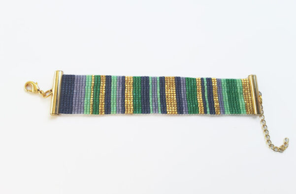 bracelet manchette tissage ligne vert bleu doré violet apprêts dorés à l'or fin