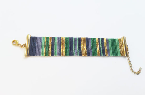 bracelet manchette tissage ligne vert bleu doré violet apprêts dorés à l'or fin
